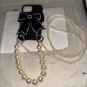 Elegant Black Phone Case with Two Pearl Chains